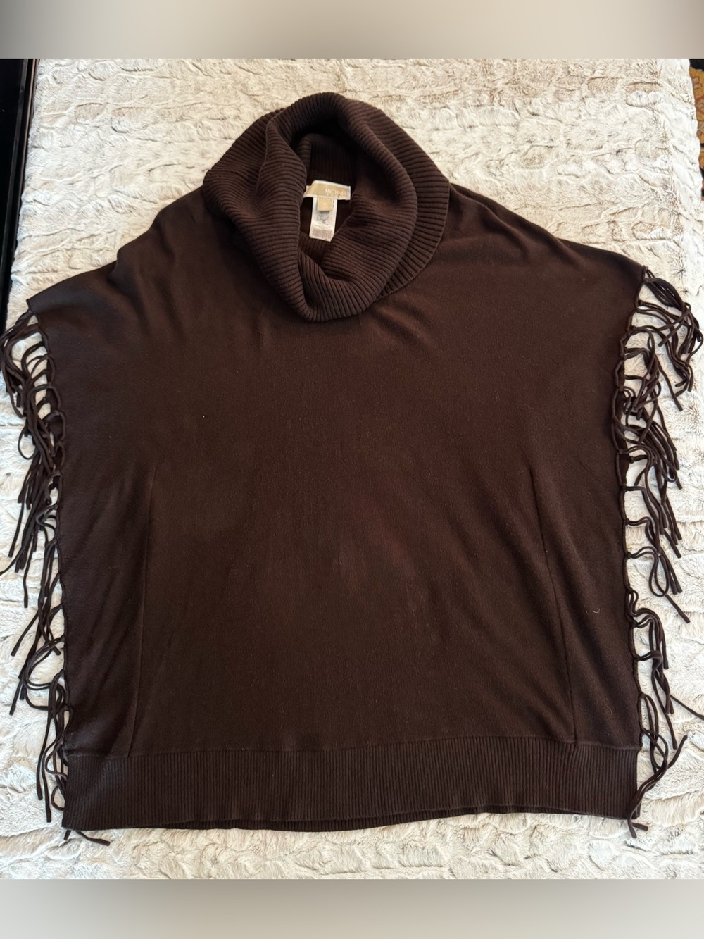 Michael Kors Brown Cowl-Neck Fringe Poncho, Soft Cozy - Picture 15 of 15